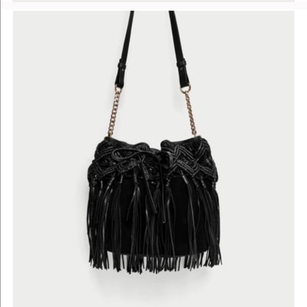 Zara black braided fringe leather purse